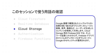 ● Cloud Firestore
● Realtime Database
● Cloud Storage
● Authentication
● Firebase Functions
このセッションで使う用語の確認
Google 規模で構築されたシンプルでコスト
効果の高い強力なオブジェクト ストレージに
画像、音声、動画など、ユーザーが生成した
コンテンツを格納して共有します。Cloud
Storage 用の Firebase SDK では、ネット
ワーク品質にかかわらず、Firebase アプリで
のファイルのアップロードとダウンロードに
Google のセキュリティが適用されます。
 