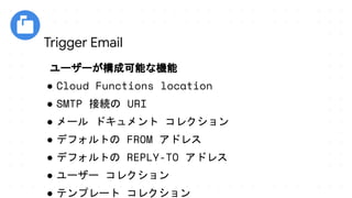 ユーザーが構成可能な機能
● Cloud Functions location
● SMTP 接続の URI
● メール ドキュメント コレクション
● デフォルトの FROM アドレス
● デフォルトの REPLY-TO アドレス
● ユーザー コレクション
● テンプレート コレクション
Trigger Email
 