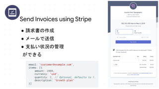● 請求書の作成
● メールで送信
● 支払い状況の管理
ができる
Send Invoices using Stripe
 