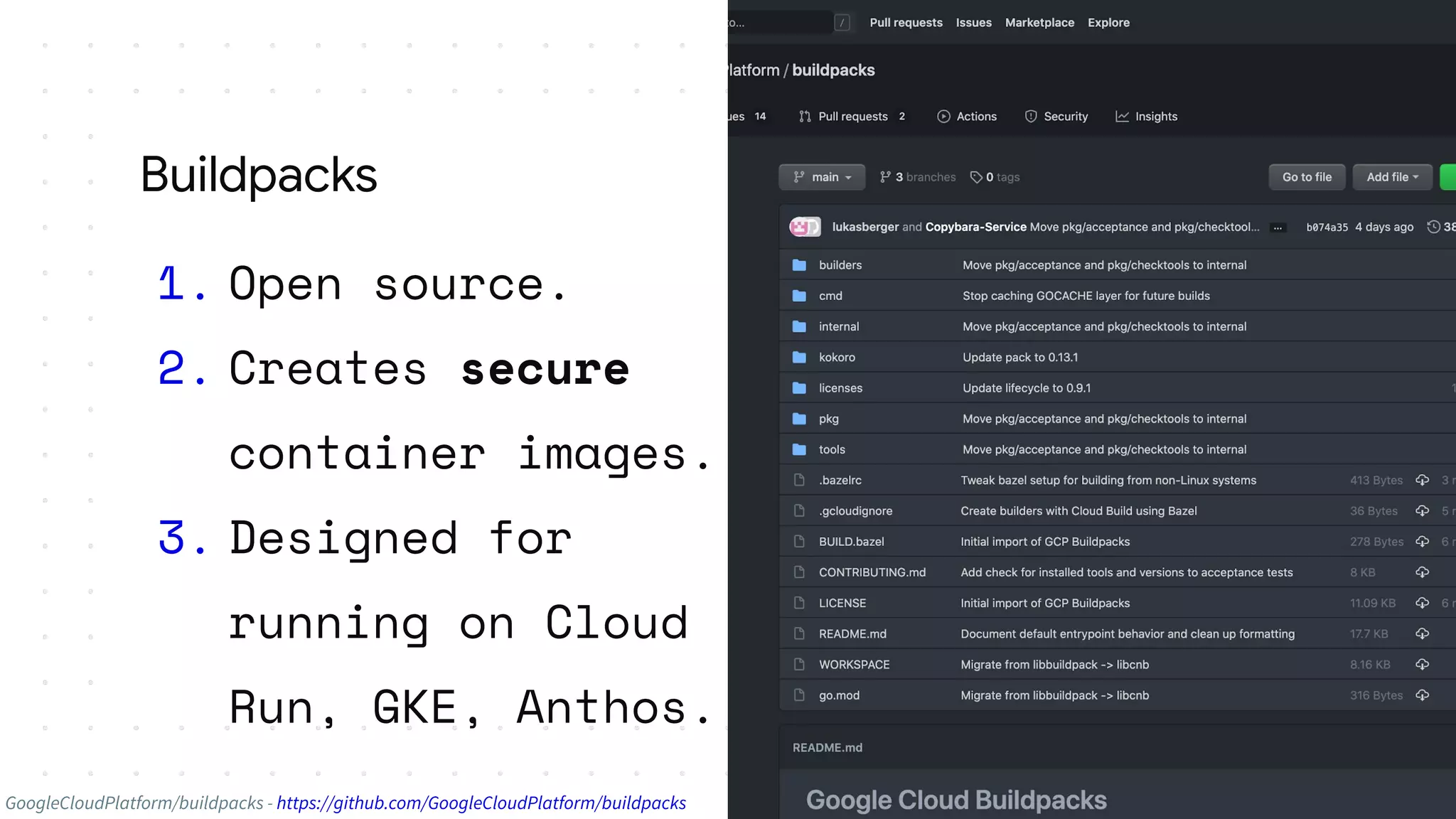 1. Open source.
2. Creates secure
container images.
3. Designed for
running on Cloud
Run, GKE, Anthos.
Buildpacks
GoogleCloudPlatform/buildpacks - https://github.com/GoogleCloudPlatform/buildpacks
 