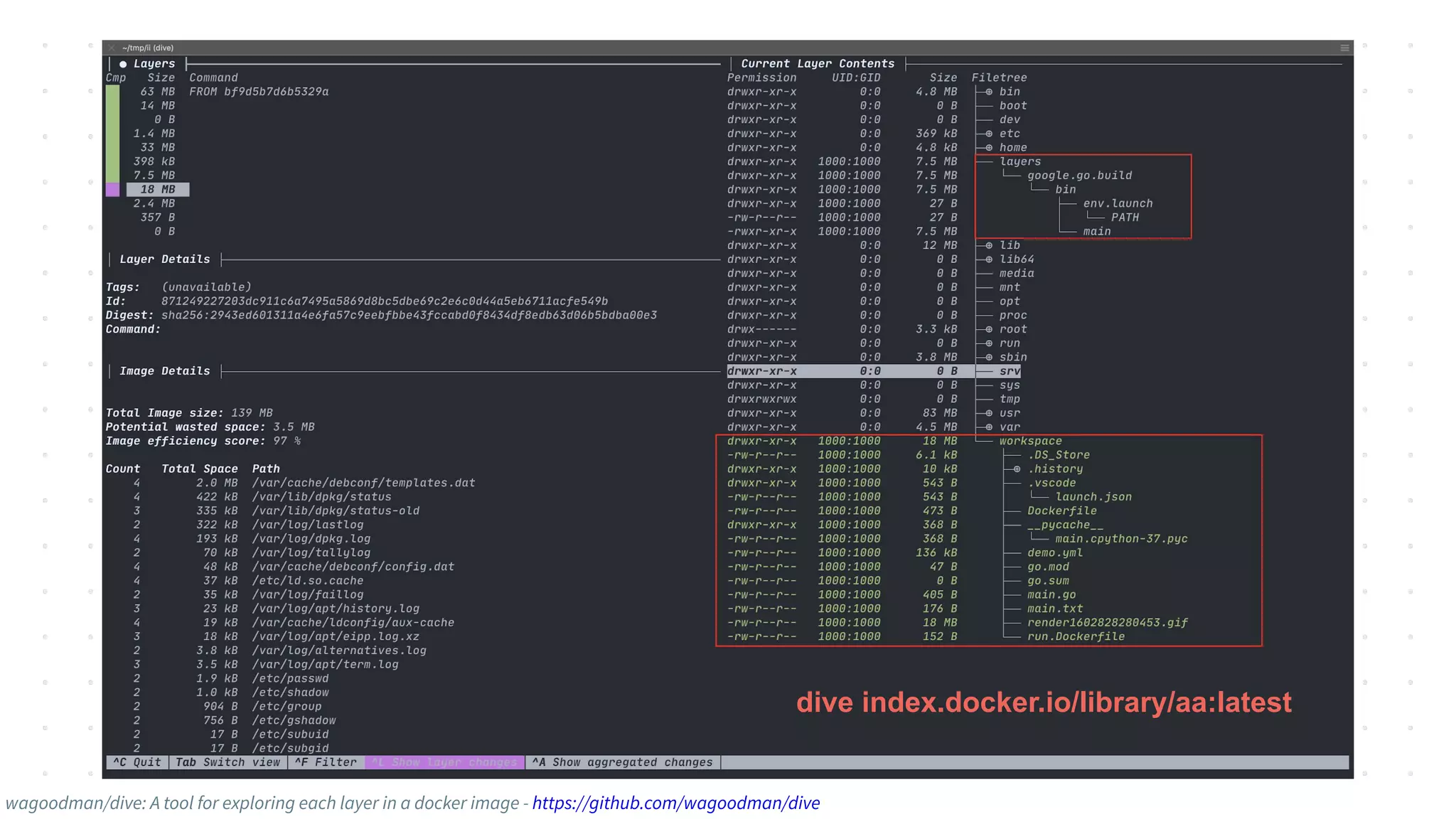 dive index.docker.io/library/aa:latest
wagoodman/dive: A tool for exploring each layer in a docker image - https://github.com/wagoodman/dive
 