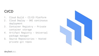 CI/CD
1. Cloud Build - CI/CD Platform
2. Cloud Deploy - GKE continuous
deployment
3. Container Registry - Private
container storage
4. Artifact Registry - Universal
package manager
5. Source Repositories - Hosted
private git repos
 