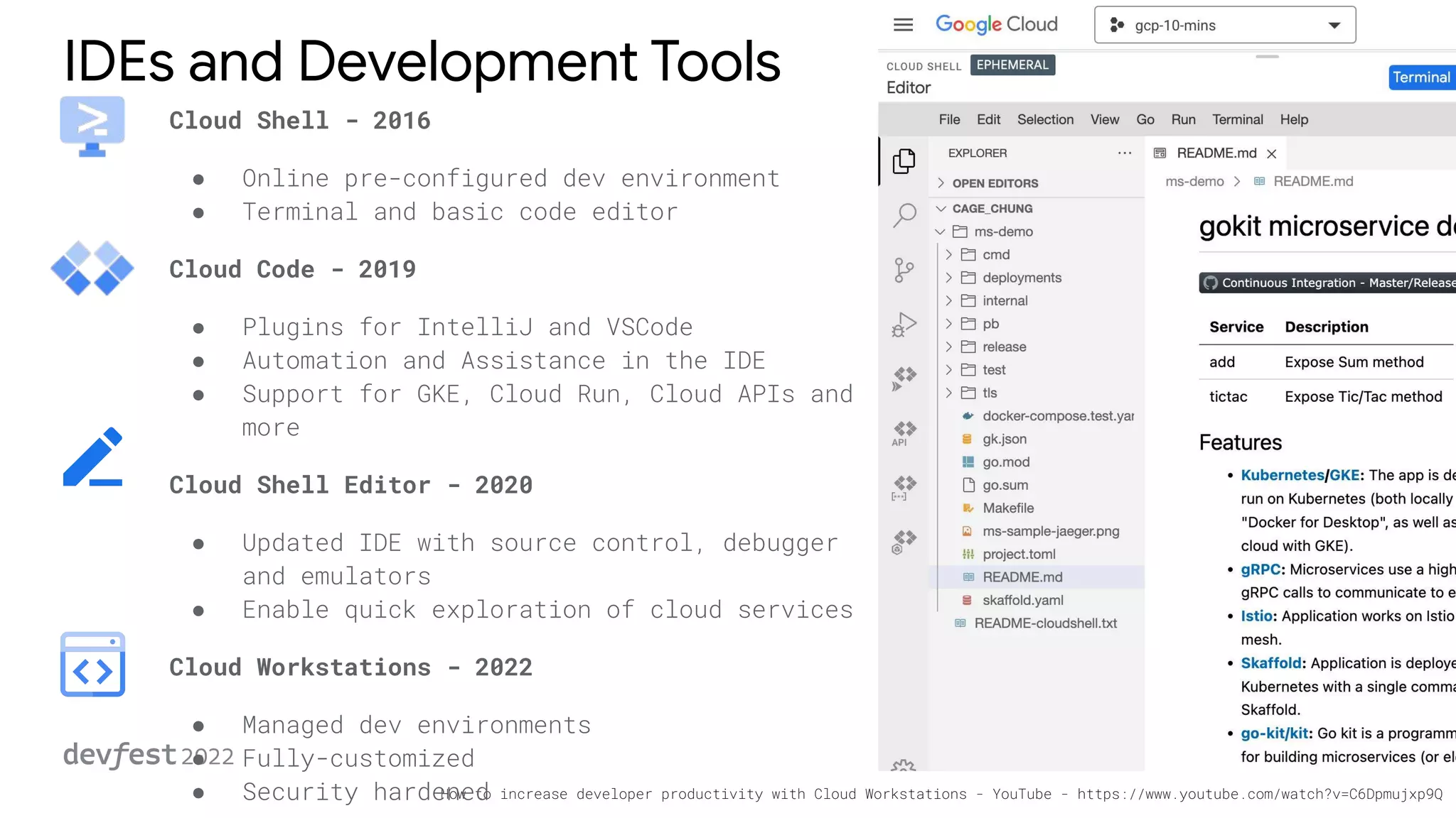 How to increase developer productivity with Cloud Workstations - YouTube - https://www.youtube.com/watch?v=C6Dpmujxp9Q
IDEs and Development Tools
Cloud Shell - 2016
● Online pre-configured dev environment
● Terminal and basic code editor
Cloud Code - 2019
● Plugins for IntelliJ and VSCode
● Automation and Assistance in the IDE
● Support for GKE, Cloud Run, Cloud APIs and
more
Cloud Shell Editor - 2020
● Updated IDE with source control, debugger
and emulators
● Enable quick exploration of cloud services
Cloud Workstations - 2022
● Managed dev environments
● Fully-customized
● Security hardened
 