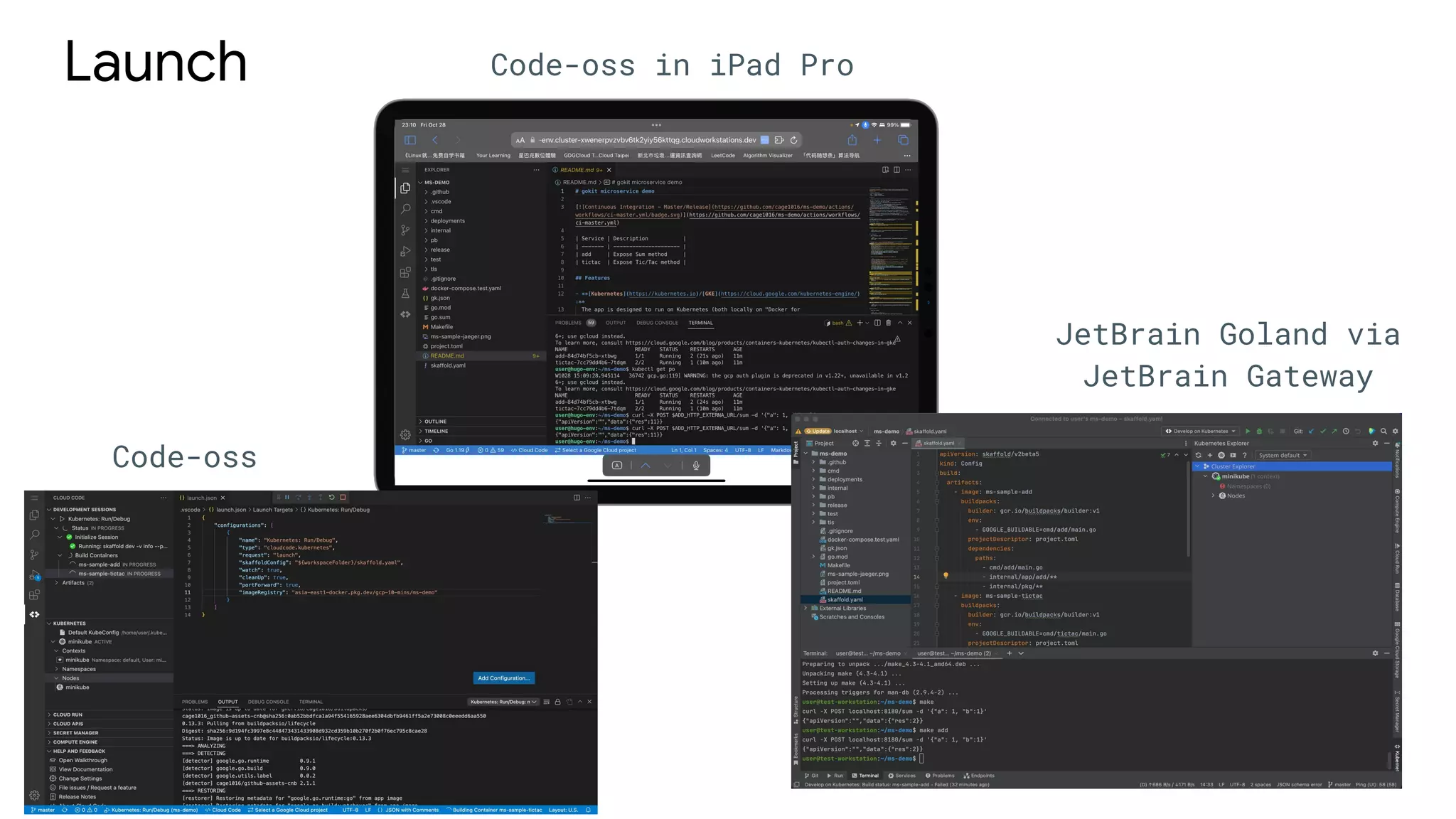 Launch Code-oss in iPad Pro
JetBrain Goland via
JetBrain Gateway
Code-oss
 