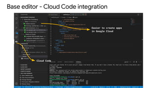 Base editor - Cloud Code integration
Cloud Code
Easier to create apps
in Google Cloud
 