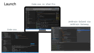 Launch Code-oss in iPad Pro
JetBrain Goland via
JetBrain Gateway
Code-oss
 