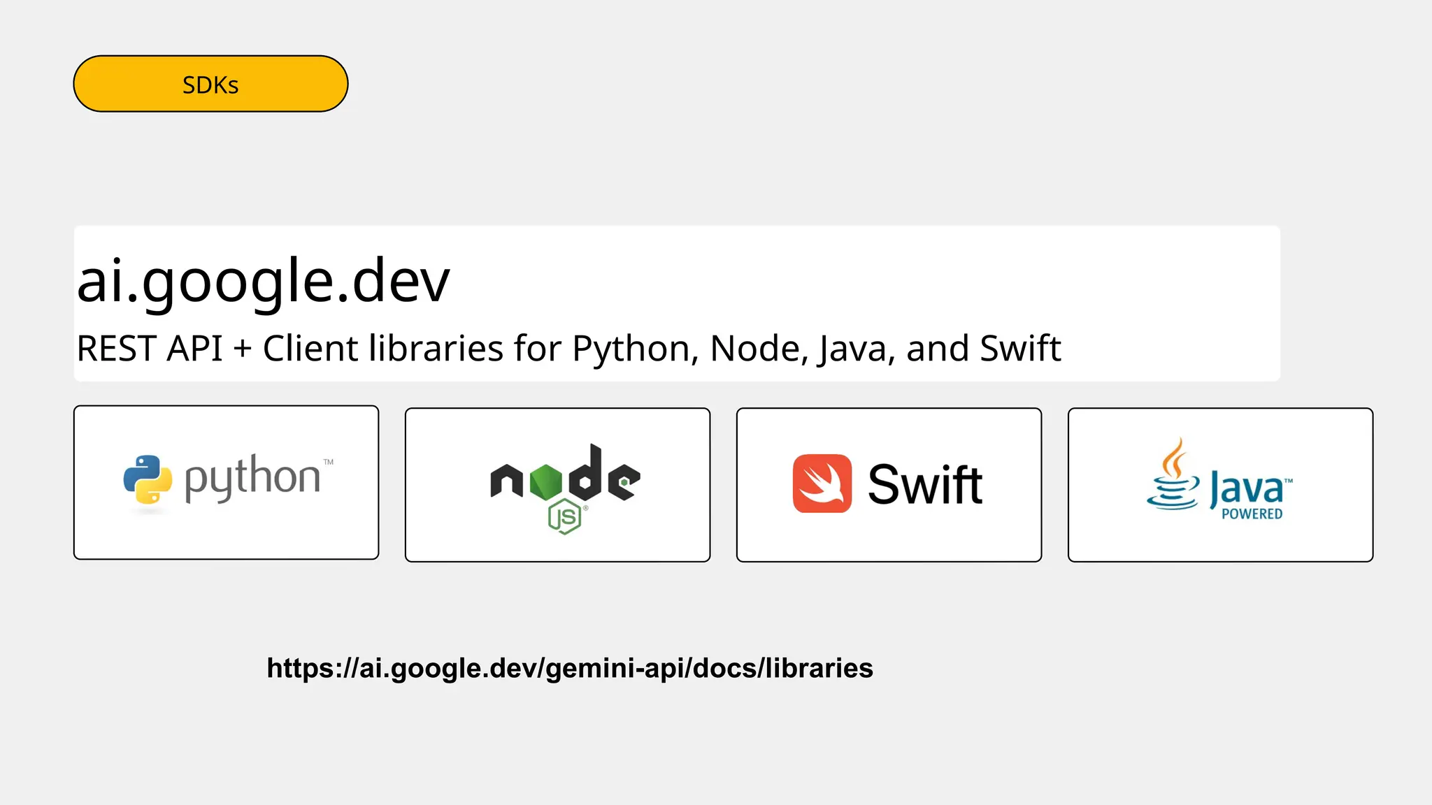 ai.google.dev
REST API + Client libraries for Python, Node, Java, and Swift
Libraries
Libraries
SDKs
https://ai.google.dev/gemini-api/docs/libraries
 