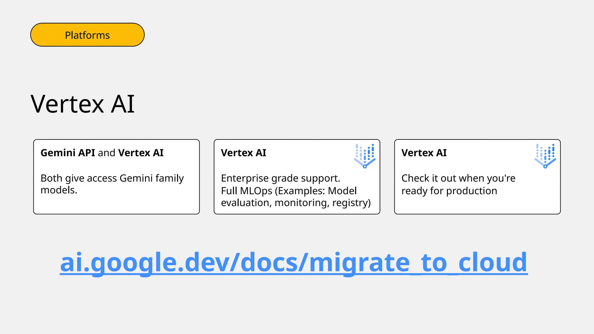 Vertex AI
Enterprise grade support.
Full MLOps (Examples: Model
evaluation, monitoring, registry)
Vertex AI
Check it out when you're
ready for production
Gemini API and Vertex AI
Both give access Gemini family
models.
Vertex AI
Cloud Production
ai.google.dev/docs/migrate_to_cloud
PlatfoEndpoints
rms
Platforms
Platforms
 