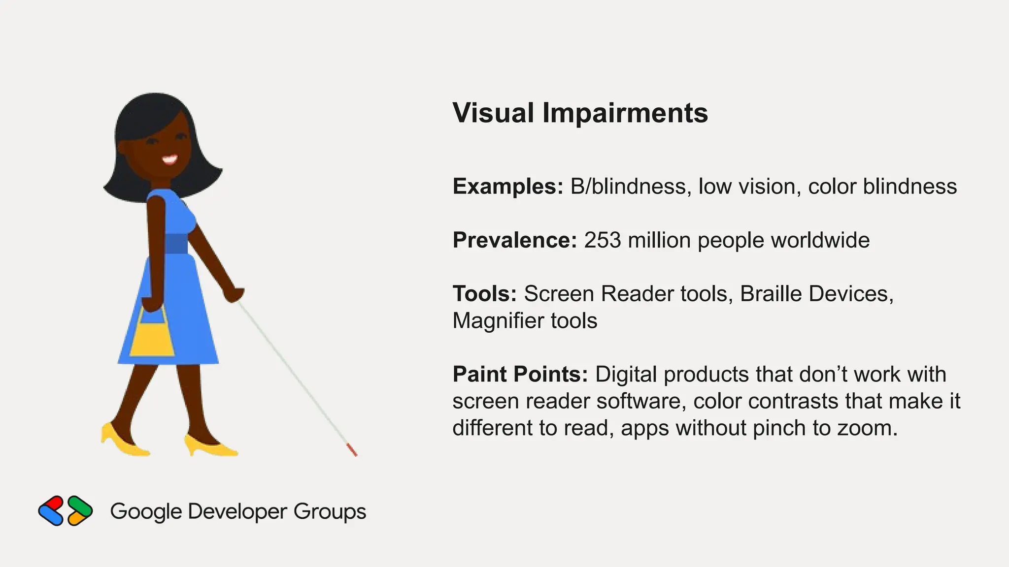 Visual Impairments
Examples: B/blindness, low vision, color blindness
Prevalence: 253 million people worldwide
Tools: Screen Reader tools, Braille Devices,
Magnifier tools
Paint Points: Digital products that don’t work with
screen reader software, color contrasts that make it
different to read, apps without pinch to zoom.
 