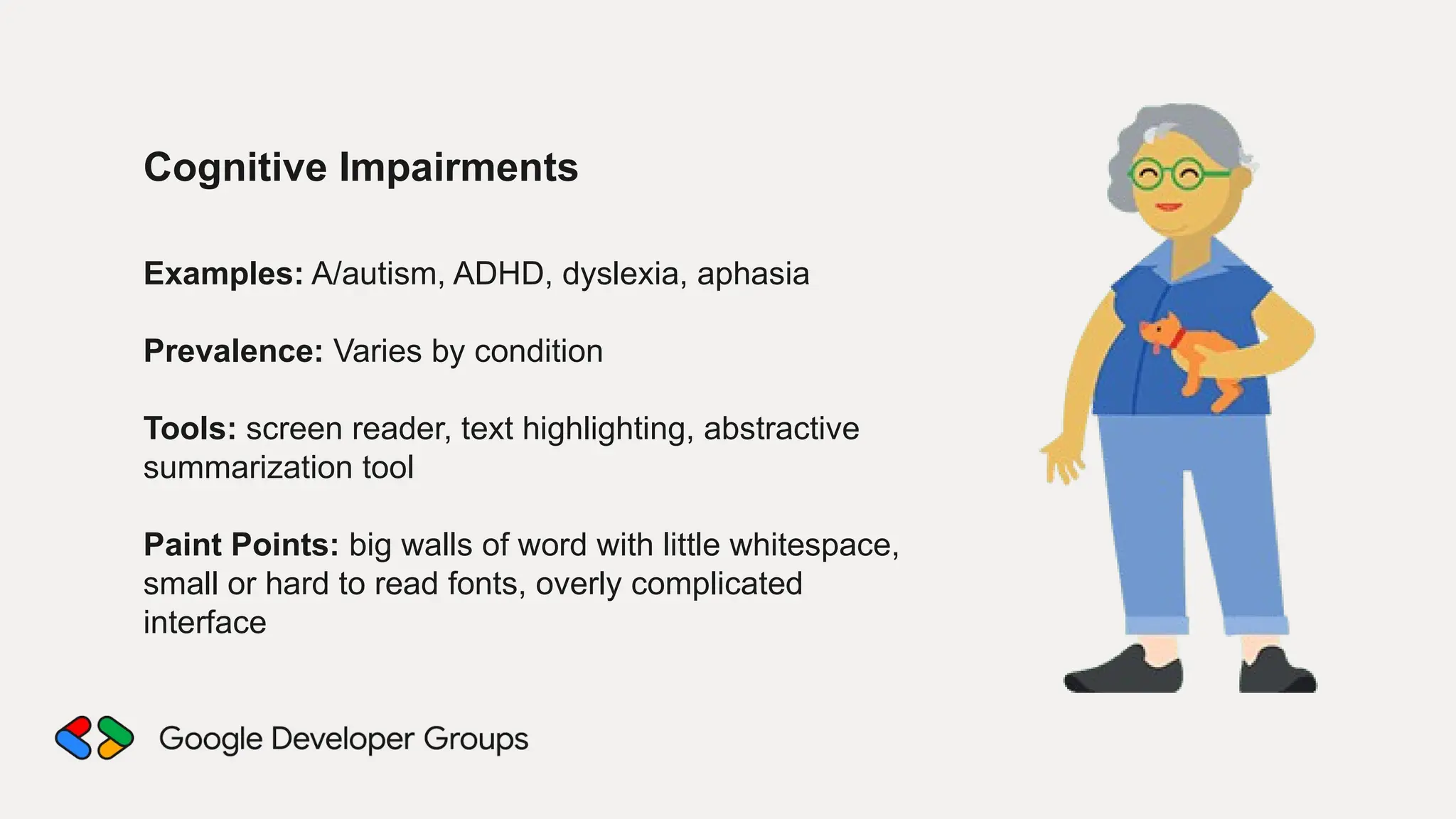Cognitive Impairments
Examples: A/autism, ADHD, dyslexia, aphasia
Prevalence: Varies by condition
Tools: screen reader, text highlighting, abstractive
summarization tool
Paint Points: big walls of word with little whitespace,
small or hard to read fonts, overly complicated
interface
 