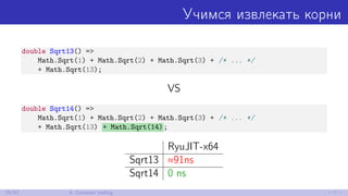 Учимся извлекать корни
double Sqrt13() =>
Math.Sqrt(1) + Math.Sqrt(2) + Math.Sqrt(3) + /* ... */
+ Math.Sqrt(13);
VS
double Sqrt14() =>
Math.Sqrt(1) + Math.Sqrt(2) + Math.Sqrt(3) + /* ... */
+ Math.Sqrt(13) + Math.Sqrt(14);
RyuJIT-x64
Sqrt13 ≈91ns
Sqrt14 0 ns
25/52 6. Constant folding
 