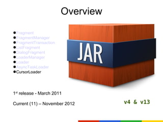 Overview
●Fragment
●FragmentManager
●FragmentTransaction
●ListFragment
●DialogFragment
●LoaderManager
●Loader
●AsyncTaskLoader
●CursorLoader




1st release - March 2011

Current (11) – November 2012      v4 & v13
 
