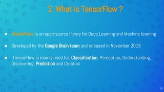 2. What is TensorFlow ?
● TensorFlow is an open-source library for Deep Learning and Machine learning
● Developed by the Google Brain team and released in November 2015
● TensorFlow is mainly used for: Classification, Perception, Understanding,
Discovering, Prediction and Creation
14
 