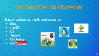 20
Why TensorFlow : Runs Everywhere
Runs on desktop and mobile devices such as
● Linux
● macOS
● iOS
● Android
● Raspberry pi
● And Windows
 