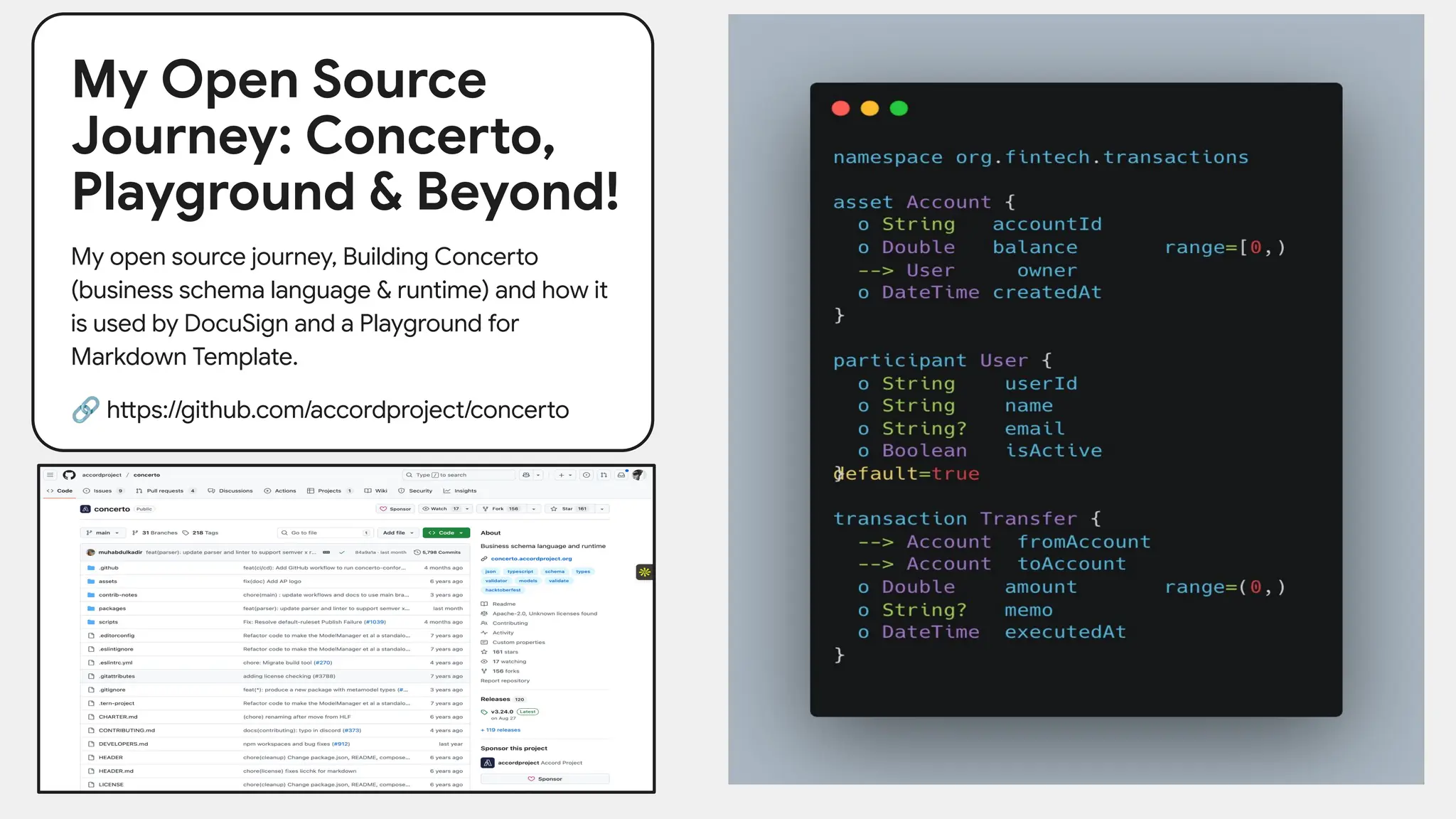My Open Source
Journey: Concerto,
Playground & Beyond!
My open source journey, Building Concerto
(business schema language & runtime) and how it
is used by DocuSign and a Playground for
Markdown Template.
🔗 https://github.com/accordproject/concerto
 