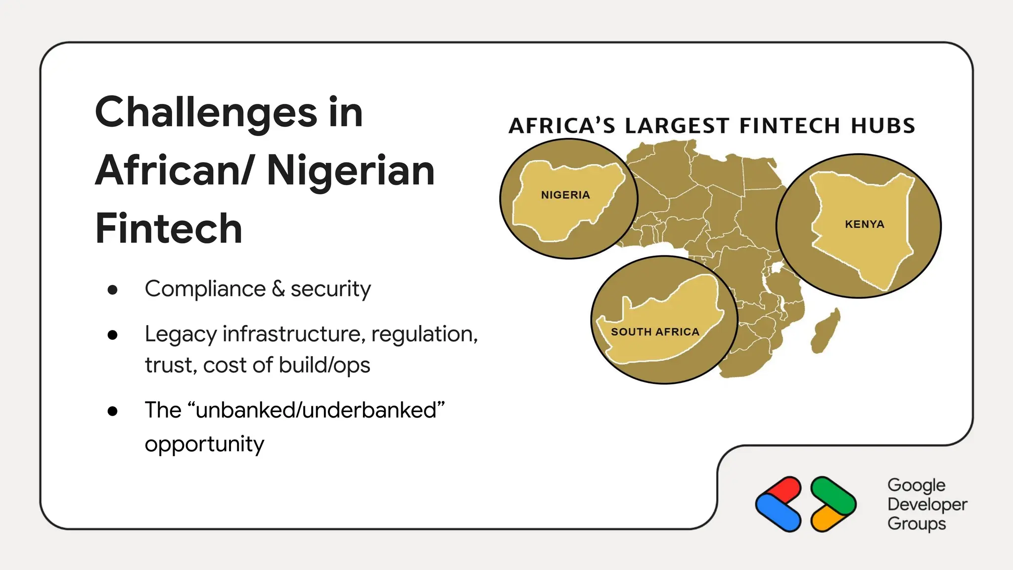 Challenges in
African/ Nigerian
Fintech
● Compliance & security
● Legacy infrastructure, regulation,
trust, cost of build/ops
● The “unbanked/underbanked”
opportunity
 