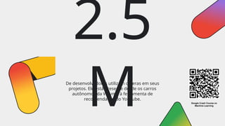 2.5
M
De desenvolvedores utilizam o Keras em seus
projetos. Ele está presente desde os carros
autônomos da Waymo à ferramenta de
recomendação do YouTube.
Google Crash Course on
Machine Learning
 