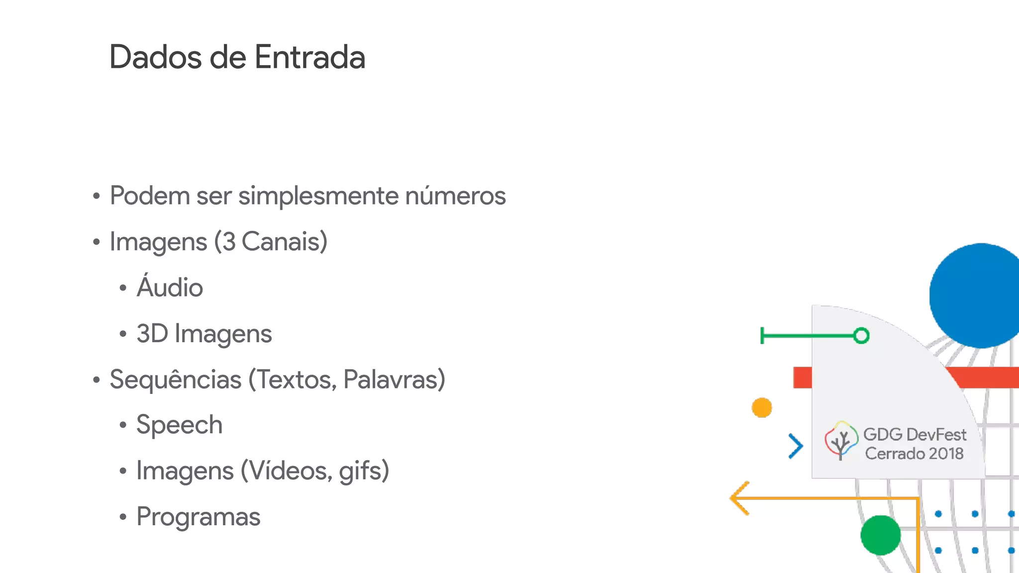 Dados de Entrada
• Podem ser simplesmente números
• Imagens (3 Canais)
• Áudio
• 3D Imagens
• Sequências (Textos, Palavras)
• Speech
• Imagens (Vídeos, gifs)
• Programas
 