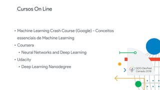 Cursos On Line
• Machine Learning Crash Course (Google) - Conceitos
essenciais de Machine Learning
• Coursera
• Neural Networks and Deep Learning
• Udacity
• Deep Learning Nanodegree
 
