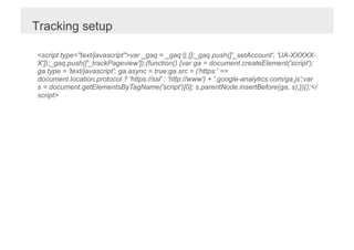 Tracking setup

<script type="text/javascript">var _gaq = _gaq || [];_gaq.push(['_setAccount', 'UA-XXXXX-
X']);_gaq.push(['_trackPageview']);(function() {var ga = document.createElement('script');
ga.type = 'text/javascript'; ga.async = true;ga.src = ('https:' ==
document.location.protocol ? 'https://ssl' : 'http://www') + '.google-analytics.com/ga.js';var
s = document.getElementsByTagName('script')[0]; s.parentNode.insertBefore(ga, s);})();</
script>
 