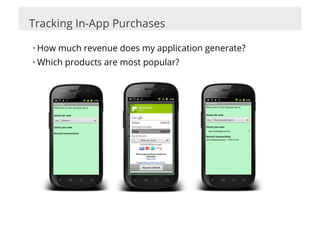 Tracking In-App Purchases

• How much revenue does my application generate?
• Which products are most popular?
 