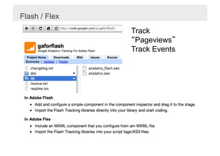 Flash / Flex
               Track
                Pageviews
               Track Events
 
