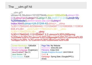 The __utm.gif hit
 __utm.gif?
 utmwv=6.3&utmn=101027544&utmsr=1280x854&utmsc=32-
 bit&utmul=en&utmje=1&utmjv=1.5&utmfl=7.0 r24&utmdt=My
 %20Website&utmhn=www.site.com&utmp=/
 index.html&utmac=UA-51244-4&utmcc=__utma
 %3D117945243.823564440.1131054947.1131080858.1133834
 608.4%3B+__utmb%3D117945243%3B+__utmc
 %3D117945243%3B+__utmz
 %3D117945243.1131054947.3.2.utmccn%3D%28Spring
 %20Sale%29%7Cutmcsr%3D%28google%29%7Cutmcmd%3D
 %28ppc%29% %7Cutmtm%3D%28shoes%29%3B

  Screen Resolution: 1280x854      Page Title: My Website
  Screen Colors: 32-bit            Hostname: www.site.com
  Browser Language: English(en)    Filename: /index.html
  Java Enabled? Yes (1)           	

                                   Google Analytics Account: UA-51244-4
  Java Version: 1.5               	

                                   Visits: 4
  Flash Version: 7.0r24            Campaign: Spring Sale | Google(PPC) |
                                   shoes
 