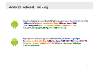 Android Referral Tracking


         http://market.android.com/details?id=com.myorg.myapp&referrer=utm_source
         %3Dgoogle%26utm_medium%3Dcpc%26utm_term%3D
         %257Bkeyword%257D%26utm_content%3DAd%2520A
         %26utm_campaign%3DApp%2520Download 	





         http://yoursite.com/yourapp.apk&referrer=utm_source%3Dgoogle
         %26utm_medium%3Dcpc%26utm_term%3D%257Bkeyword%257D
         %26utm_content%3DAd%2520A%26utm_campaign%3DApp
         %2520Download 	





                                                                                5
                                                                                3
 