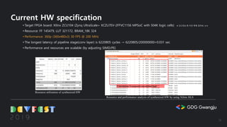 Current HW specification
• Target FPGA board: Xilinx ZCU104 (Zynq UltraScale+ XCZU7EV-2FFVC1156 MPSoC with 504K logic cells) à 갖고있는게 이것 밖에 없어요..ㅠㅠ
• Resource: FF 145479, LUT 321172, BRAM_18K 324
• Performance: 360p (360x480x3) 30 FPS @ 200 MHz
• The longest latency of pipeline stage(conv layer) is 6220805 cycles → 6220805/200000000=0.031 sec
• Performance and resources are scalable (by adjusting SIMD/PE)
Convolution/Transposed convolution logic
Resource and performance analysis of synthesized HW by using Xilinx HLS
Resource utilization of synthesized HW
26
 