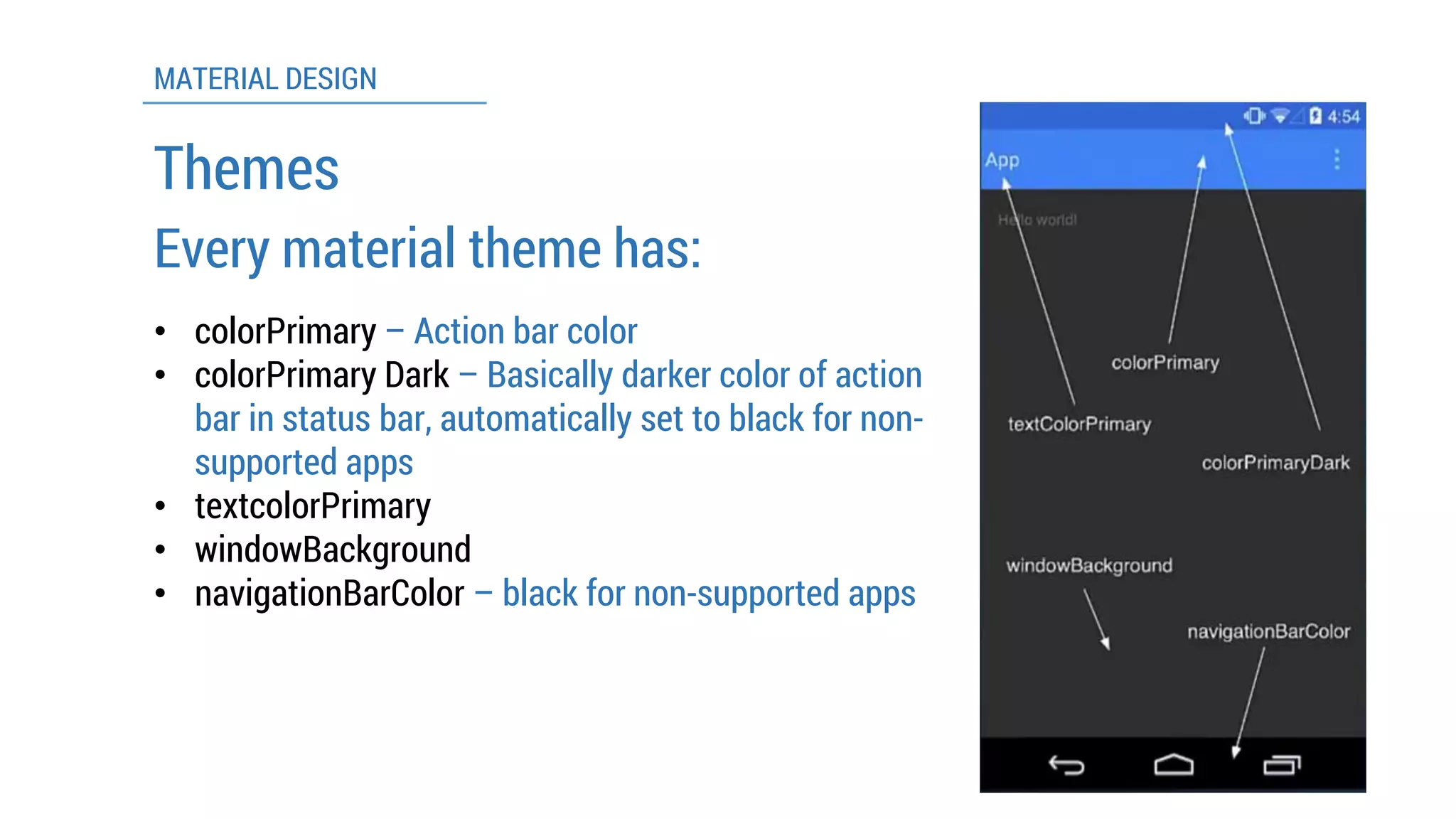 MATERIAL DESIGN 
Themes 
Every material theme has: 
•colorPrimary–Action bar color 
•colorPrimaryDark –Basically darker colorof action bar in status bar, automatically set to black for non- supported apps 
•textcolorPrimary 
•windowBackground 
•navigationBarColor–black for non-supported apps  