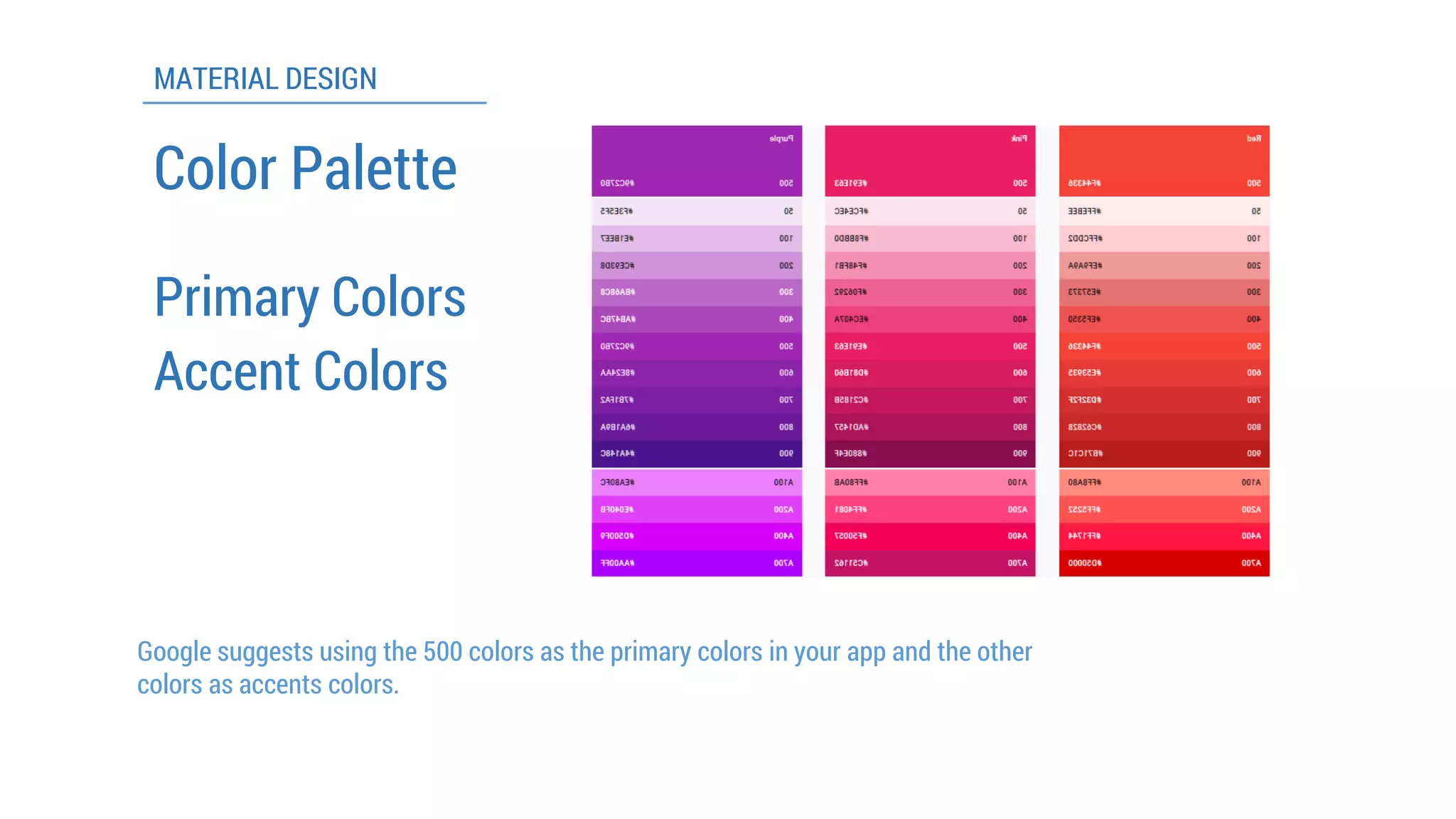 MATERIAL DESIGN 
ColorPalette 
Primary Colors 
Accent Colors 
Google suggests using the 500 colorsas the primary colorsin your app and the other colorsas accents colors.  
