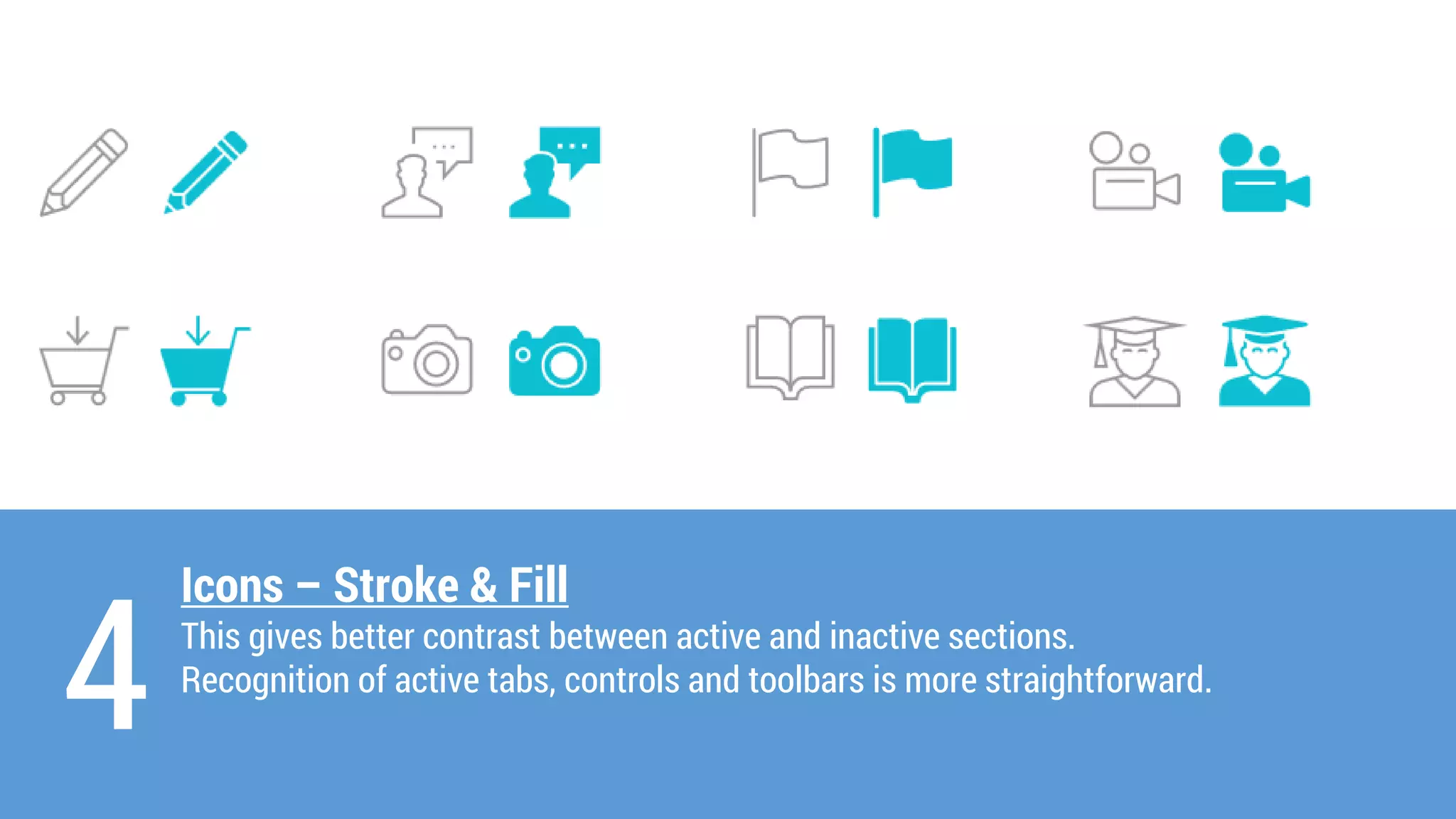 Icons –Stroke & Fill 
This gives better contrast between active and inactive sections. 
Recognition of active tabs, controls and toolbars is more straightforward. 
4  