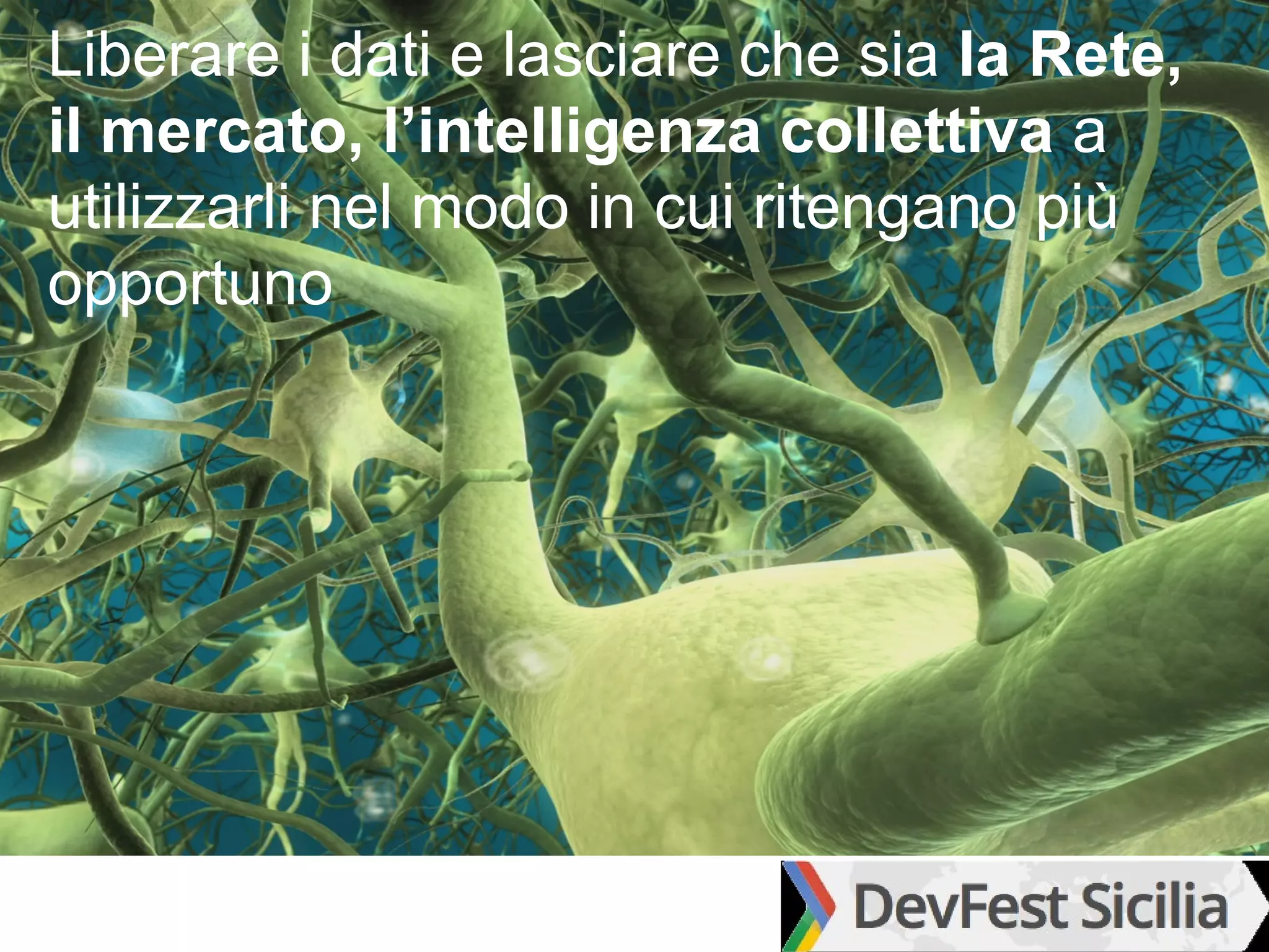 Liberare i dati e lasciare che sia la Rete,
il mercato, l’intelligenza collettiva a
utilizzarli nel modo in cui ritengano più
opportuno
 