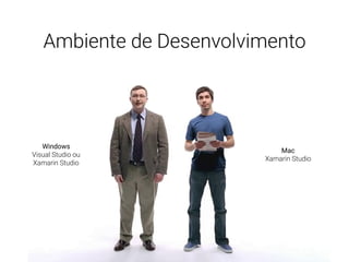 Ambiente de Desenvolvimento
Windows
Visual Studio ou
Xamarin Studio
Mac
Xamarin Studio
 