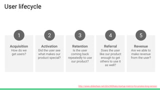 http://www.slideshare.net/dmc500hats/startup-metrics-for-pirates-long-version
User lifecycle
Acquisition
How do we
get users?
Activation
Did the user see
what makes our
product special?
Retention
Is the user
coming back
repeatedly to use
our product?
Referral
Does the user
like our product
enough to get
others to use it
as well?
Revenue
Are we able to
make revenue
from the user?
1 2 3 4 5
 