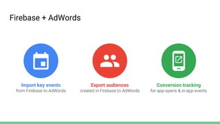 Firebase + AdWords
Import key events
from Firebase to AdWords
Export audiences
created in Firebase to AdWords
Conversion tracking
for app-opens & in-app events
 