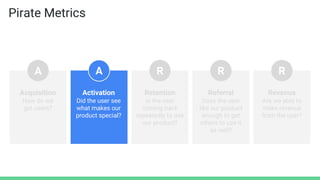 Acquisition
How do we
get users?
Activation
Did the user see
what makes our
product special?
Retention
Is the user
coming back
repeatedly to use
our product?
Referral
Does the user
like our product
enough to get
others to use it
as well?
Revenue
Are we able to
make revenue
from the user?
A A R R R
Pirate Metrics
 