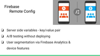 ❏ Server side variables - key/value pair
❏ A/B testing without deploying
❏ User segmentation via Firebase Analytics &
device features
Firebase
Remote Config
 