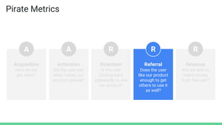 Acquisition
How do we
get users?
Activation
Did the user see
what makes our
product special?
Retention
Is the user
coming back
repeatedly to use
our product?
Referral
Does the user
like our product
enough to get
others to use it
as well?
Revenue
Are we able to
make money
from the user?
A A R R R
Pirate Metrics
Acquisition
How do we
get users?
Activation
Did the user see
what makes our
product special?
Retention
Is the user
coming back
repeatedly to use
our product?
Referral
Does the user
like our product
enough to get
others to use it
as well?
Revenue
Are we able to
make money
from the user?
A A R R R
Acquisition
How do we
get users?
Activation
Did the user see
what makes our
product special?
Retention
Is the user
coming back
repeatedly to use
our product?
Referral
Does the user
like our product
enough to get
others to use it
as well?
Revenue
Are we able to
make money
from the user?
A A R R R
 