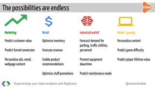 The possibilities are endless
Supercharge your data analytics with BigQuery @martonkodok
Marketing Retail IndustrialandIoT Media/gaming
Predict customer value
Predict funnel conversion
Personalize ads, email,
webpage content
Optimize inventory
Forecase revenue
Enable product
recommendations
Optimize staff promotions
Forecast demand for
parking, traffic utilities,
personnel
Prevent equipment
downtime
Predict maintenance needs
Personalize content
Predict game difficulty
Predict player lifetime value
 