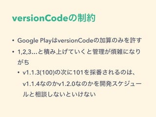 versionCode
• Google Play versionCode
• 1,2,3…
• v1.1.3(100) 101
v1.1.4 v1.2.0
 