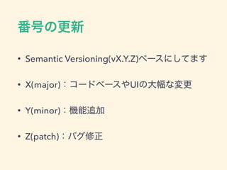 • Semantic Versioning(vX.Y.Z)
• X(major) UI
• Y(minor)
• Z(patch)
 