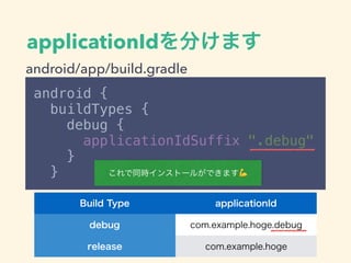 applicationId
android { 
buildTypes { 
debug { 
applicationIdSuffix ".debug" 
}
}
android/app/build.gradle
💪
 