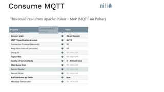 Consume MQTT
This could read from Apache Pulsar - MoP (MQTT on Pulsar)
 