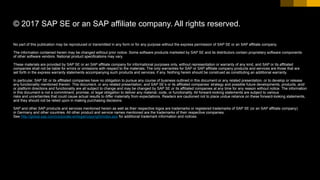 No part of this publication may be reproduced or transmitted in any form or for any purpose without the express permission of SAP SE or an SAP affiliate company.
The information contained herein may be changed without prior notice. Some software products marketed by SAP SE and its distributors contain proprietary software components  
of other software vendors. National product specifications may vary.
These materials are provided by SAP SE or an SAP affiliate company for informational purposes only, without representation or warranty of any kind, and SAP or its affiliated
companies shall not be liable for errors or omissions with respect to the materials. The only warranties for SAP or SAP affiliate company products and services are those that are  
set forth in the express warranty statements accompanying such products and services, if any. Nothing herein should be construed as constituting an additional warranty.
In particular, SAP SE or its affiliated companies have no obligation to pursue any course of business outlined in this document or any related presentation, or to develop or release
any functionality mentioned therein. This document, or any related presentation, and SAP SE’s or its affiliated companies’ strategy and possible future developments, products, and/
or platform directions and functionality are all subject to change and may be changed by SAP SE or its affiliated companies at any time for any reason without notice. The information
in this document is not a commitment, promise, or legal obligation to deliver any material, code, or functionality. All forward-looking statements are subject to various  
risks and uncertainties that could cause actual results to differ materially from expectations. Readers are cautioned not to place undue reliance on these forward-looking statements,
and they should not be relied upon in making purchasing decisions.
SAP and other SAP products and services mentioned herein as well as their respective logos are trademarks or registered trademarks of SAP SE (or an SAP affiliate company)  
in Germany and other countries. All other product and service names mentioned are the trademarks of their respective companies.  
See http://global.sap.com/corporate-en/legal/copyright/index.epx for additional trademark information and notices.
© 2017 SAP SE or an SAP affiliate company. All rights reserved.
 