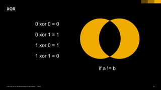 PUBLIC© 2017 SAP SE or an SAP affiliate company. All rights reserved. ǀ 6
0 xor 0 = 0
0 xor 1 = 1
1 xor 0 = 1
1 xor 1 = 0
XOR
if a != b
 