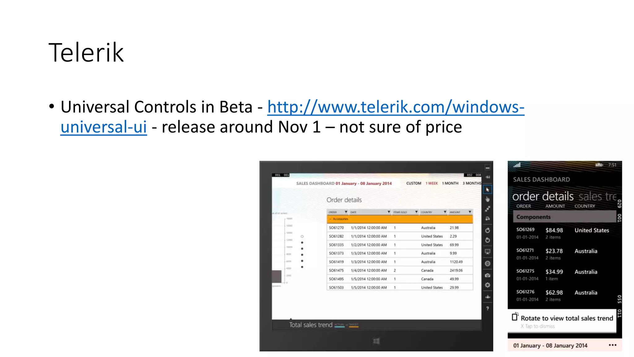 Telerik 
• Universal Controls in Beta - http://www.telerik.com/windows-universal- 
ui - release around Nov 1 – not sure of price 
 