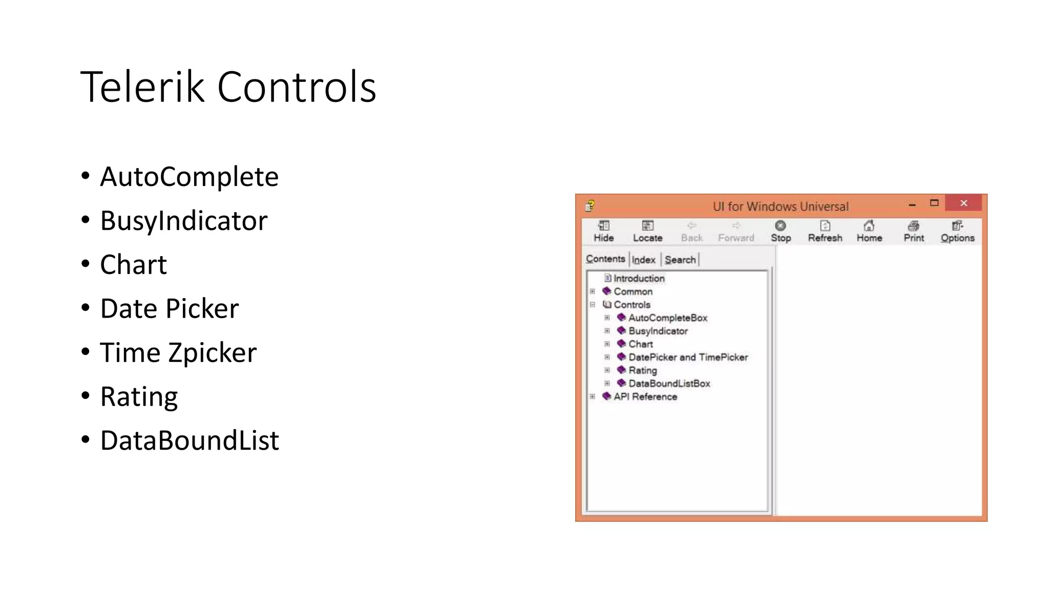 Telerik Controls 
• AutoComplete 
• BusyIndicator 
• Chart 
• Date Picker 
• Time Zpicker 
• Rating 
• DataBoundList 
 