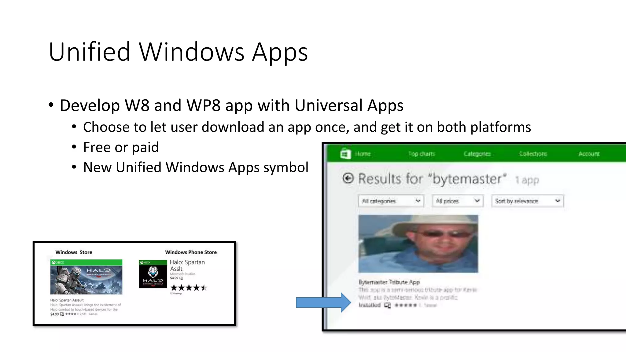 Unified Windows Apps 
• Develop W8 and WP8 app with Universal Apps 
• Choose to let user download an app once, and get it on both platforms 
• Free or paid 
• New Unified Windows Apps symbol 
 