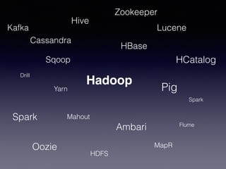 Sqoop
Oozie
Flume
Hadoop
Pig
HBase
Mahout
Drill
Lucene
Hive
Spark
Ambari
HDFS
HCatalog
Kafka
Yarn
MapR
Zookeeper
Cassandra
Spark
 